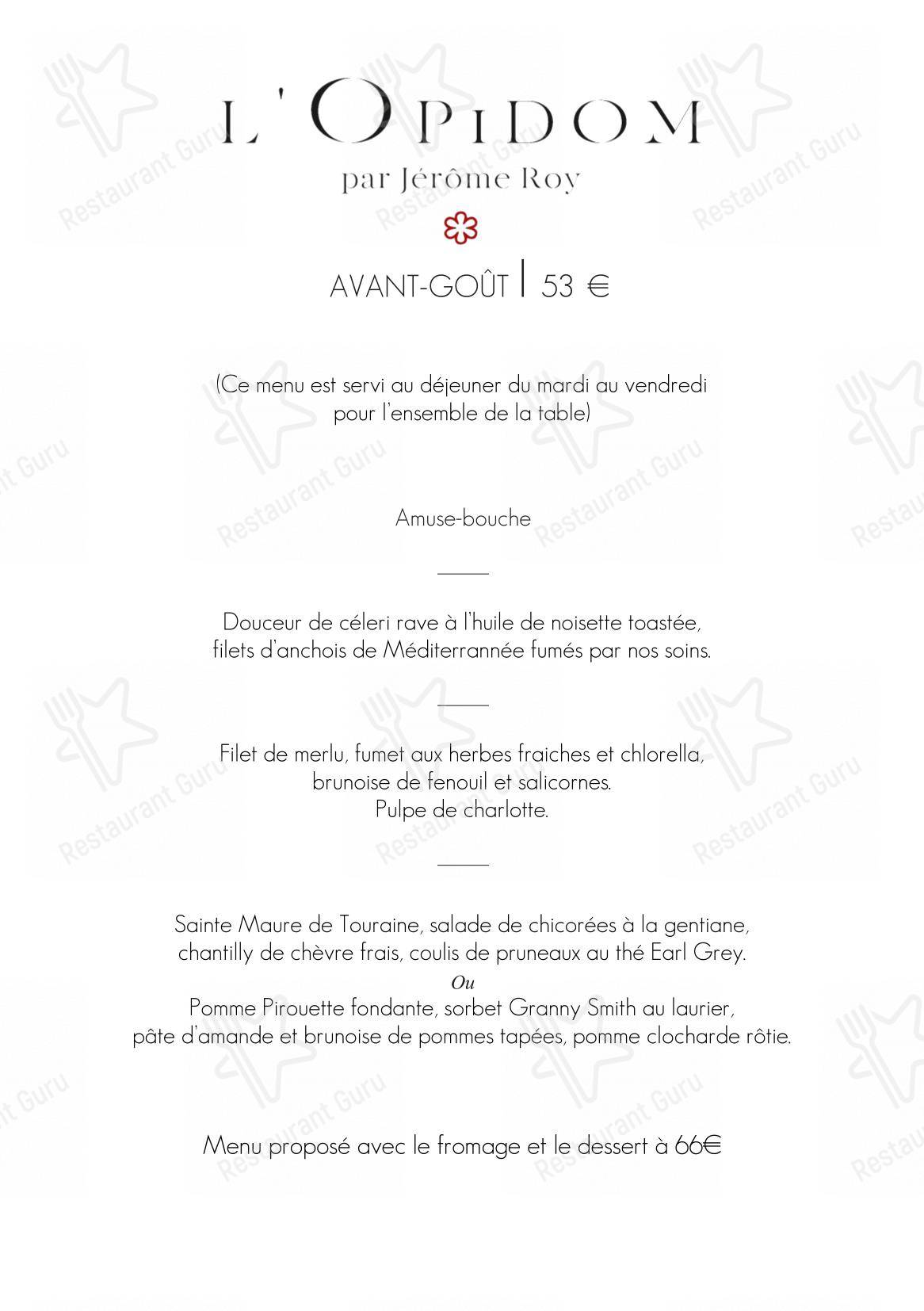 Menu pour L'Opidom restaurant