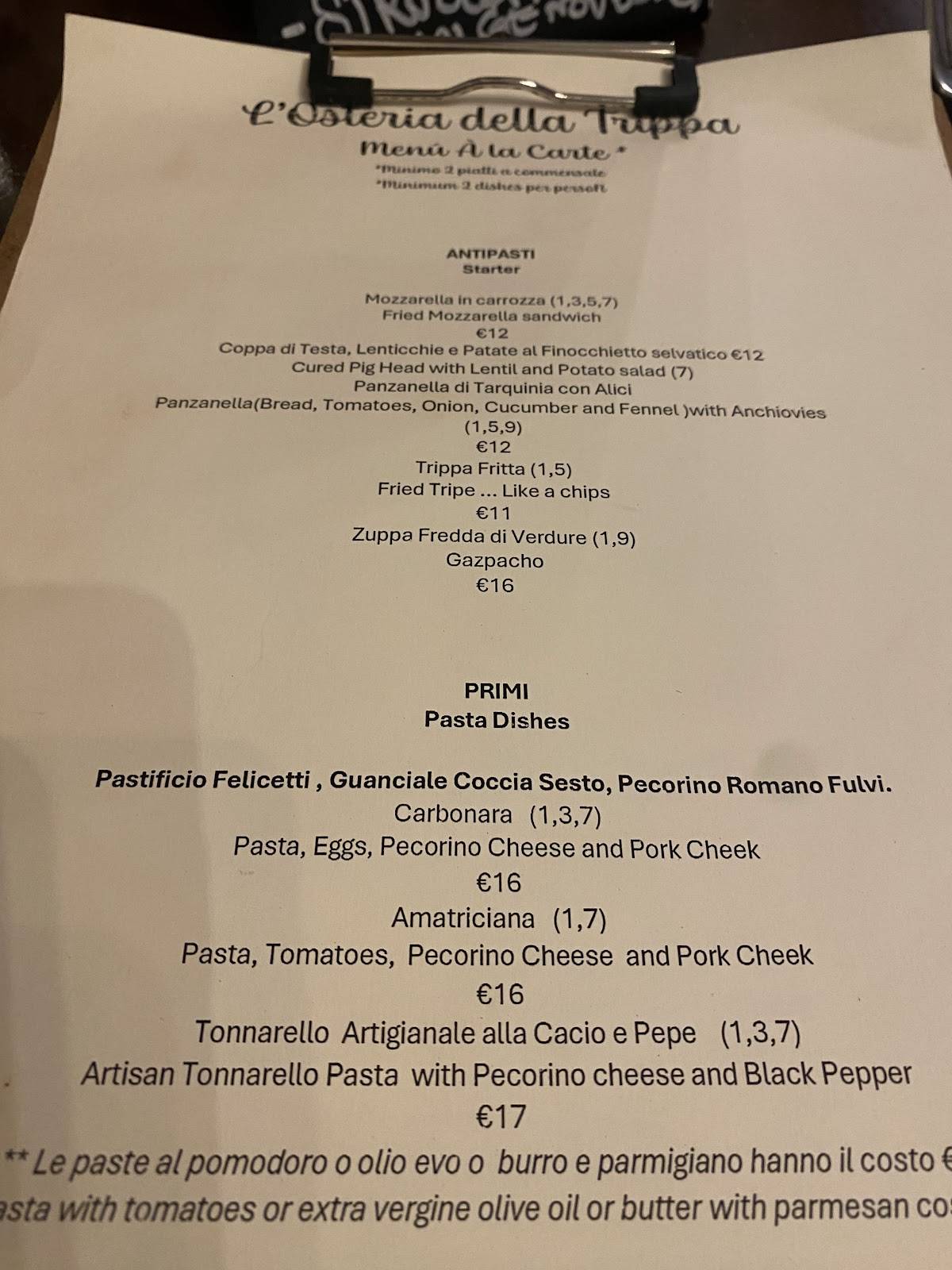 Menu di L'Osteria della Trippa 