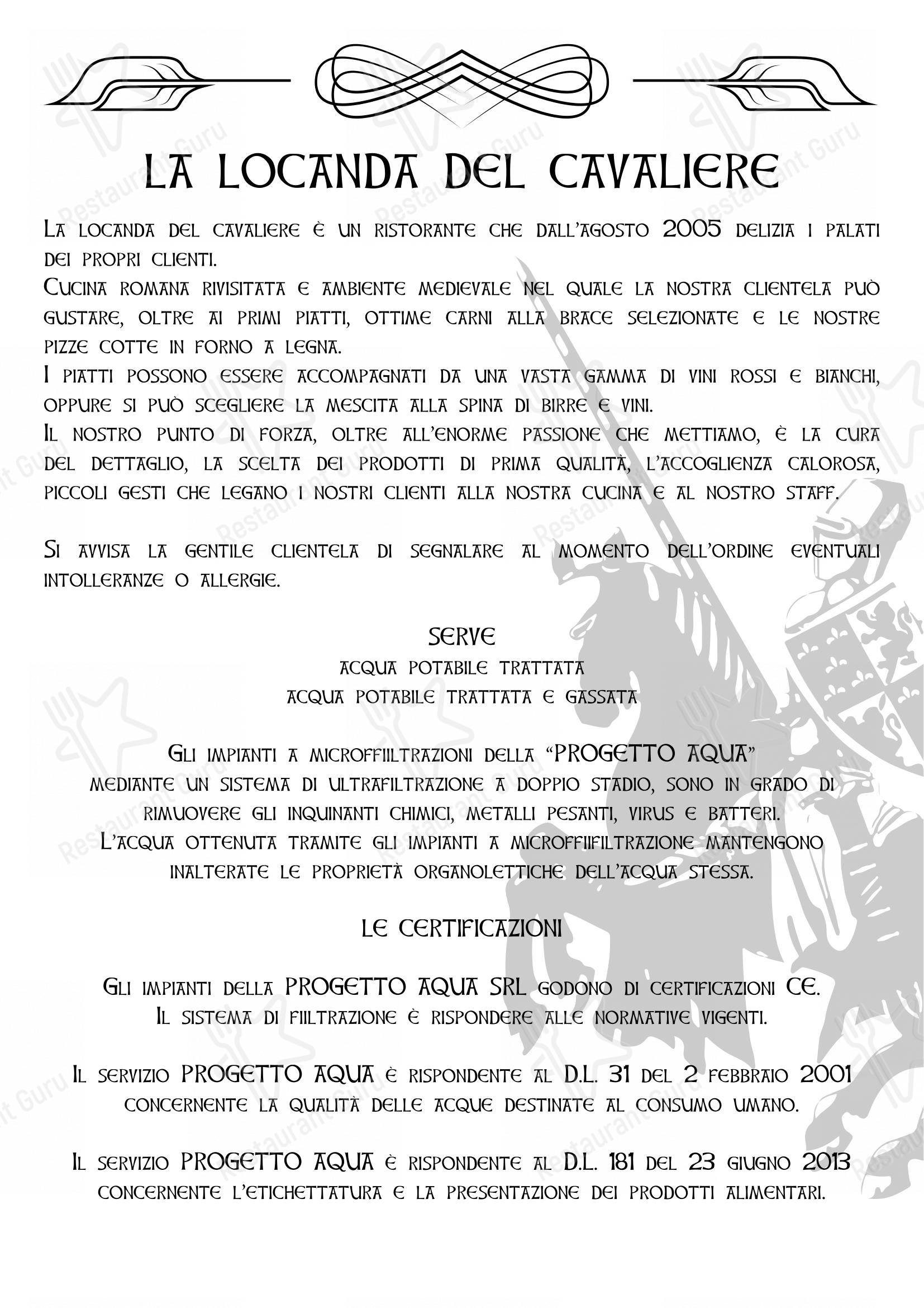 Menu per La Locanda Del Cavaliere in Roma