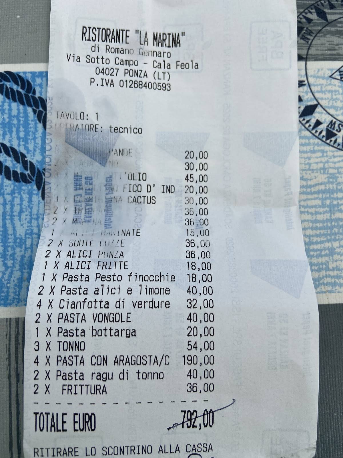 Menu da La Marina ristorante, Ponza
