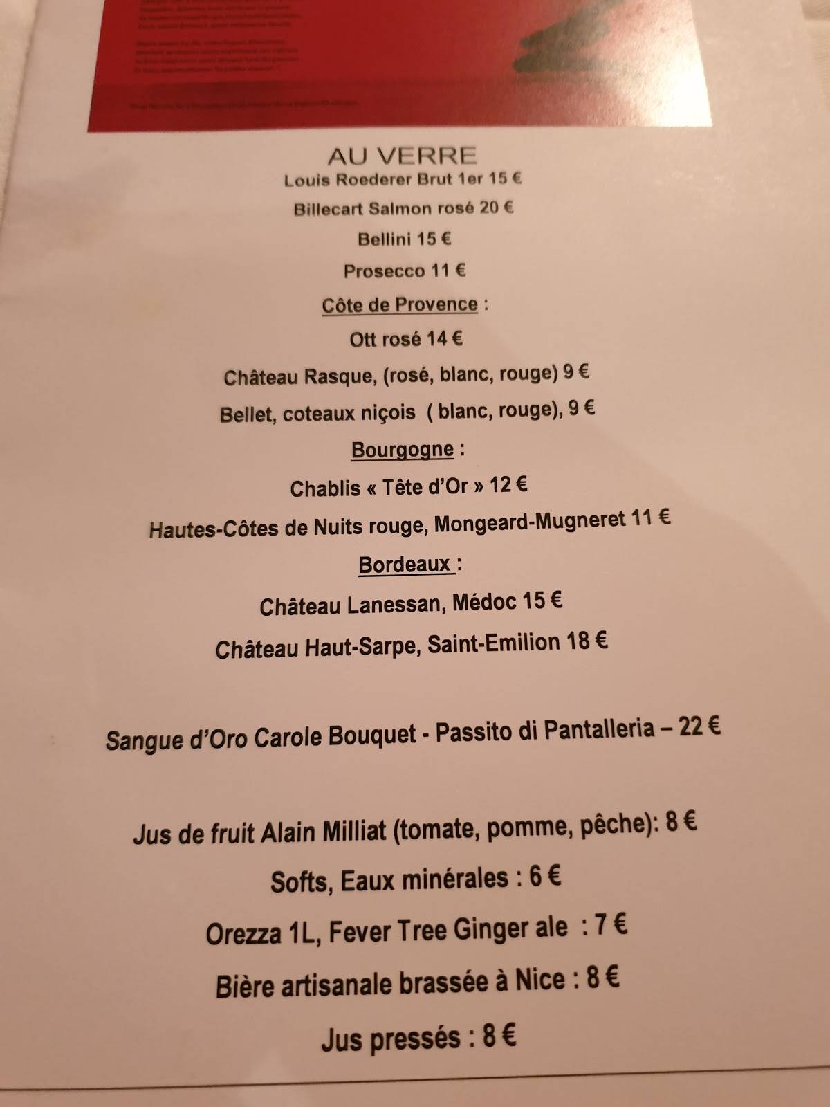 Menu at La Petite Maison restaurant, Nice