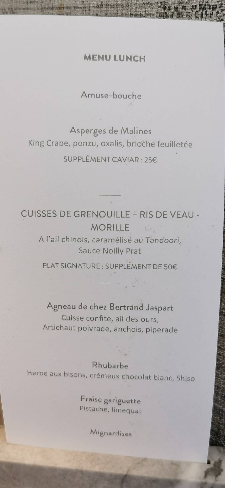 Menu de La Table de Maxime