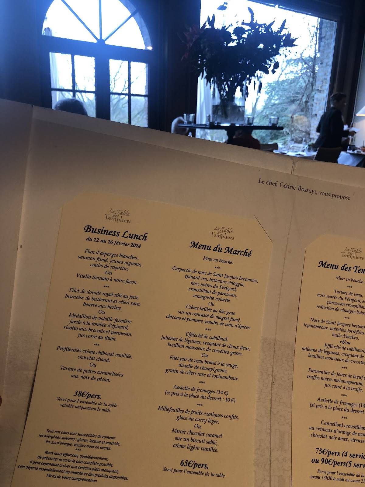 Menu de La Table des Templiers Restaurant