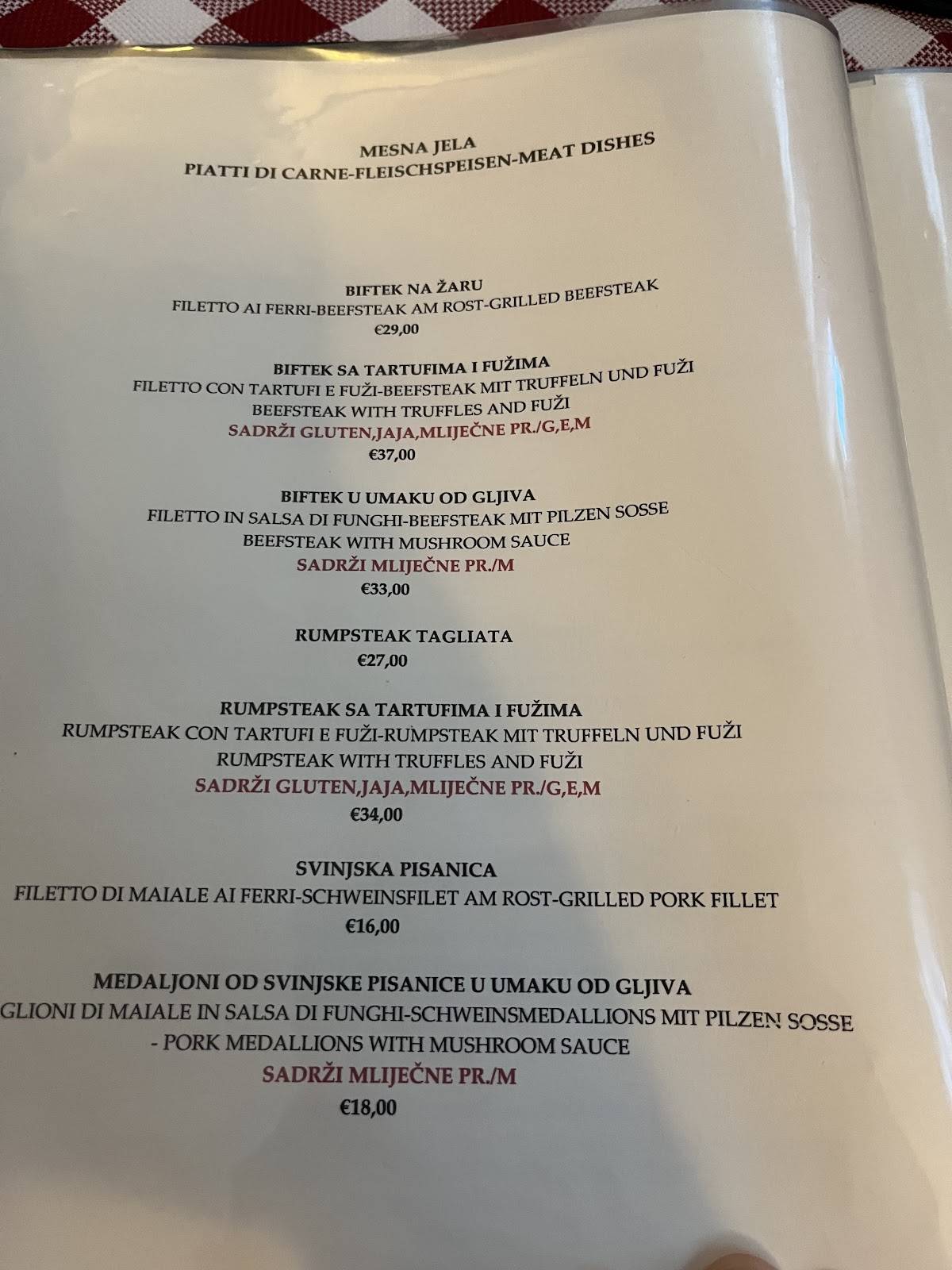 Menu di La Vela gostionica 