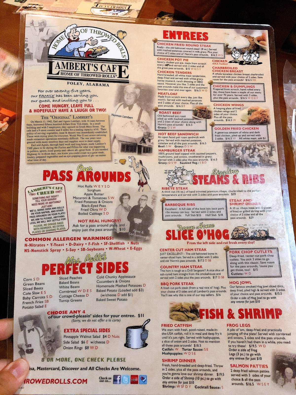 Menu at Lambert's Cafe, Foley, S McKenzie St