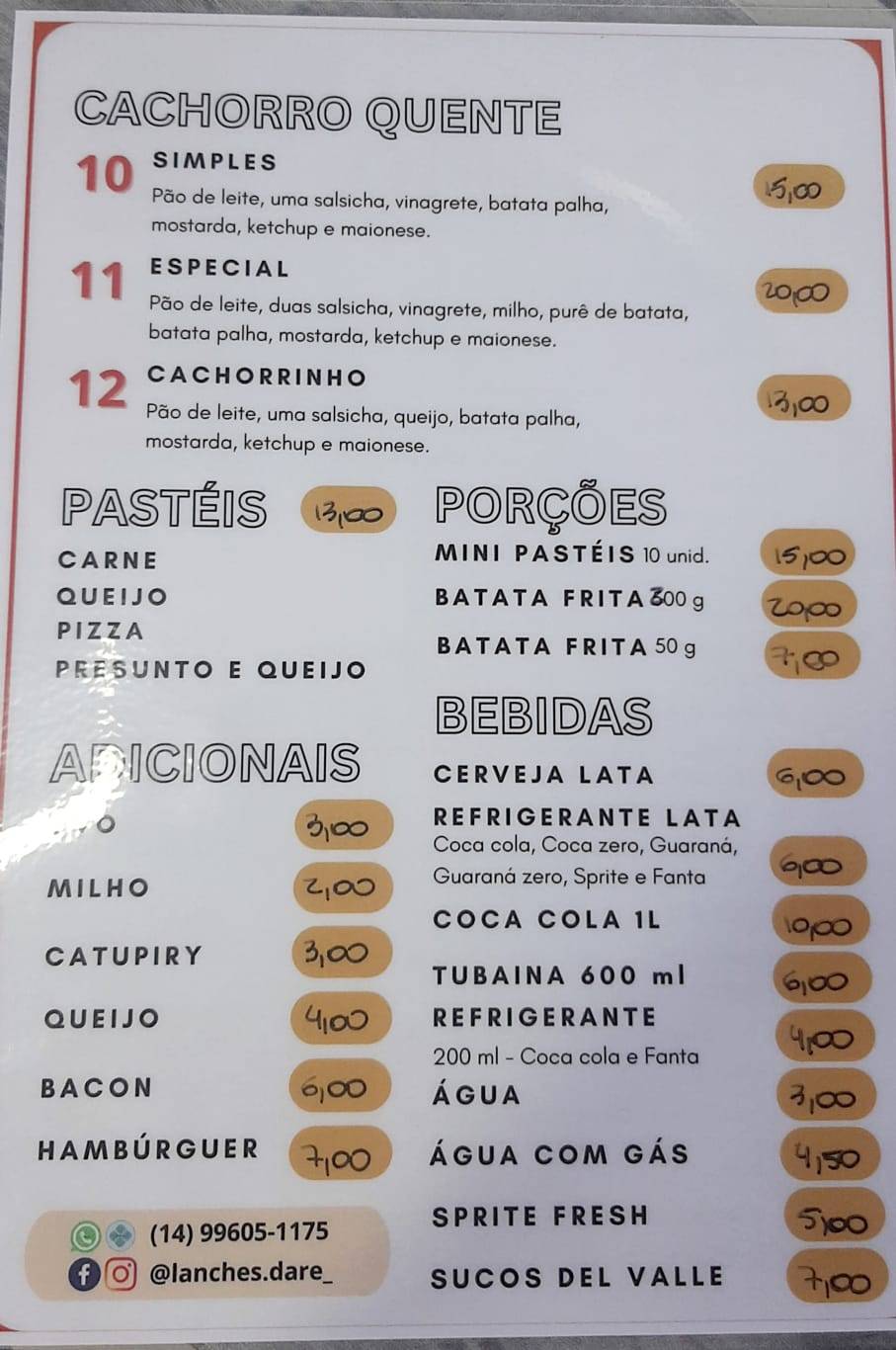 Lanches da Rê cardápio