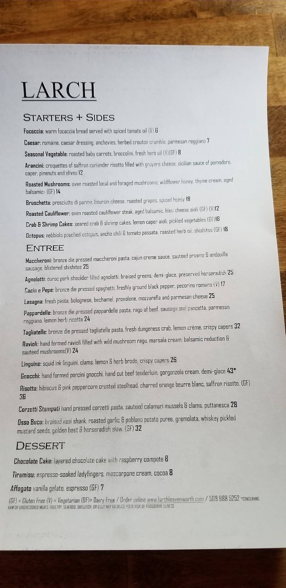 Menu at Larch Handcrafted Pasta & cocktails restaurant, Leavenworth