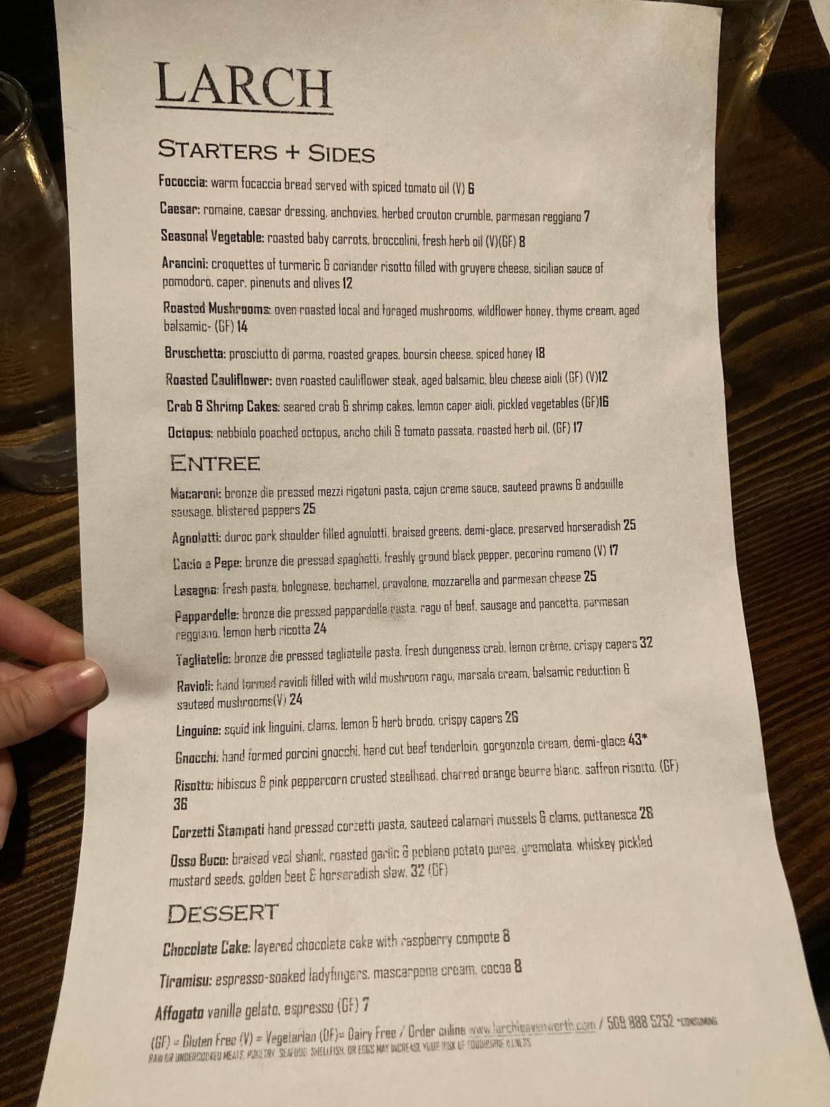 Menu at Larch Handcrafted Pasta & cocktails restaurant, Leavenworth