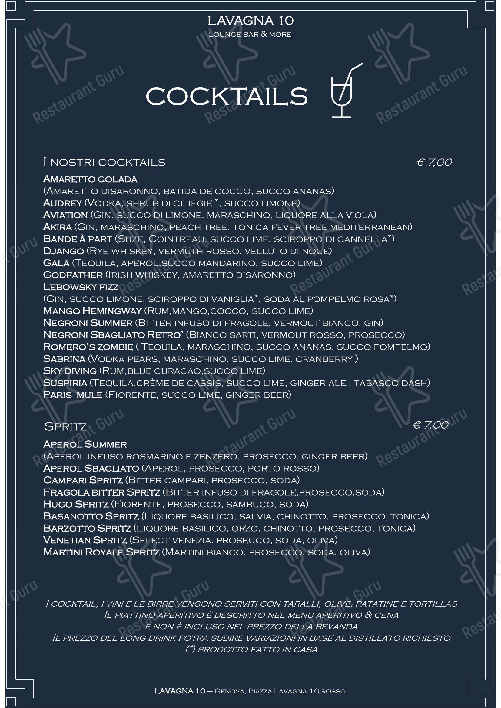 Menu bar per Lavagna 10 bistrot pub & bar