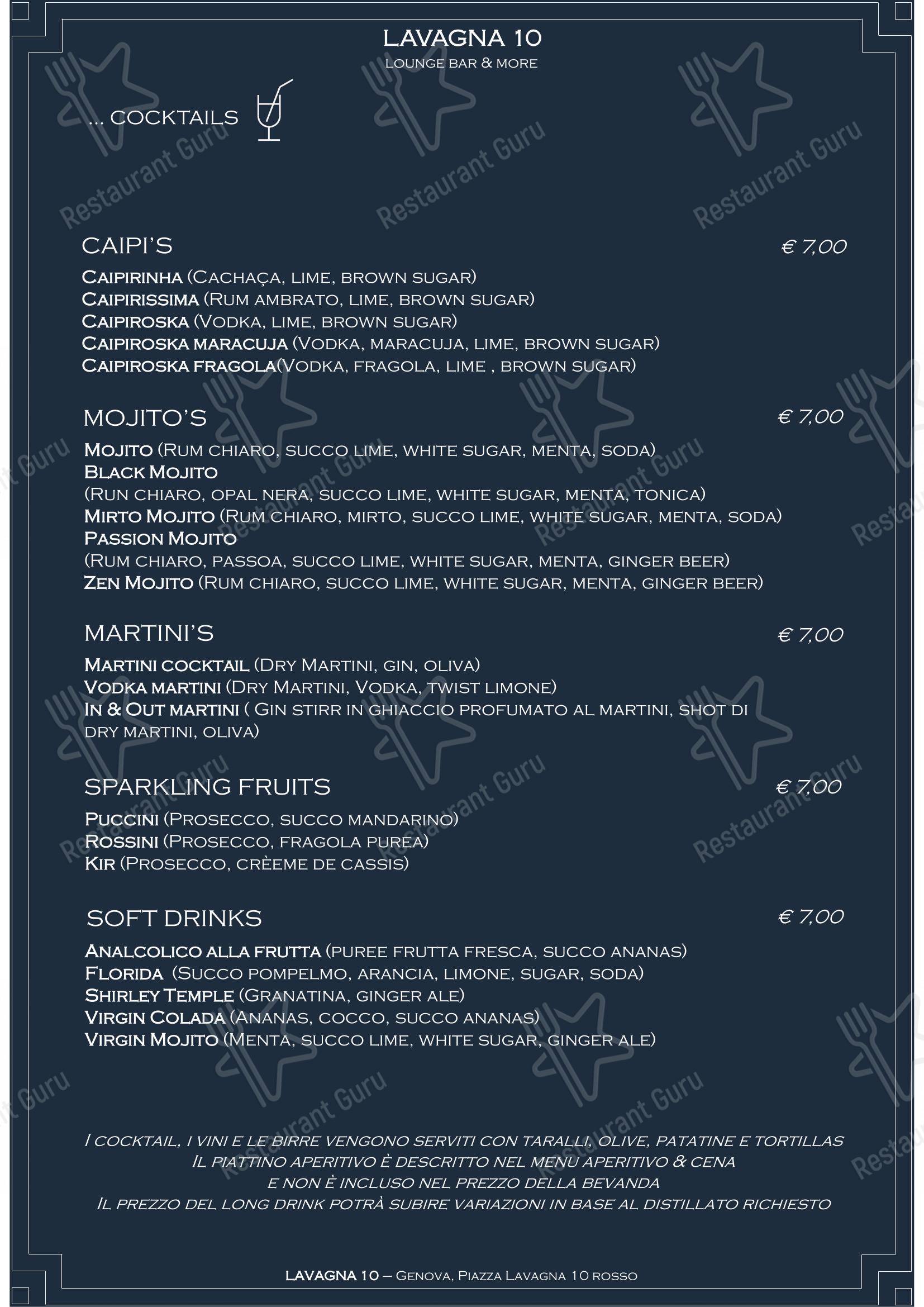 Menu bar per Lavagna 10 bistrot pub & bar