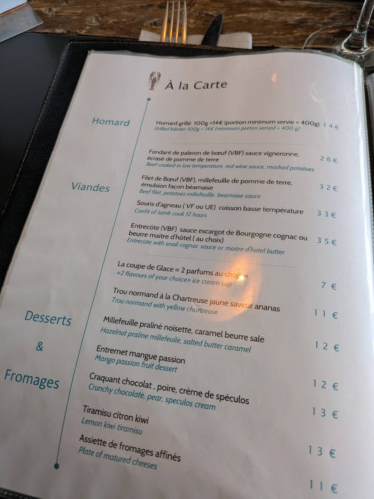 Menu de Le Bellevue