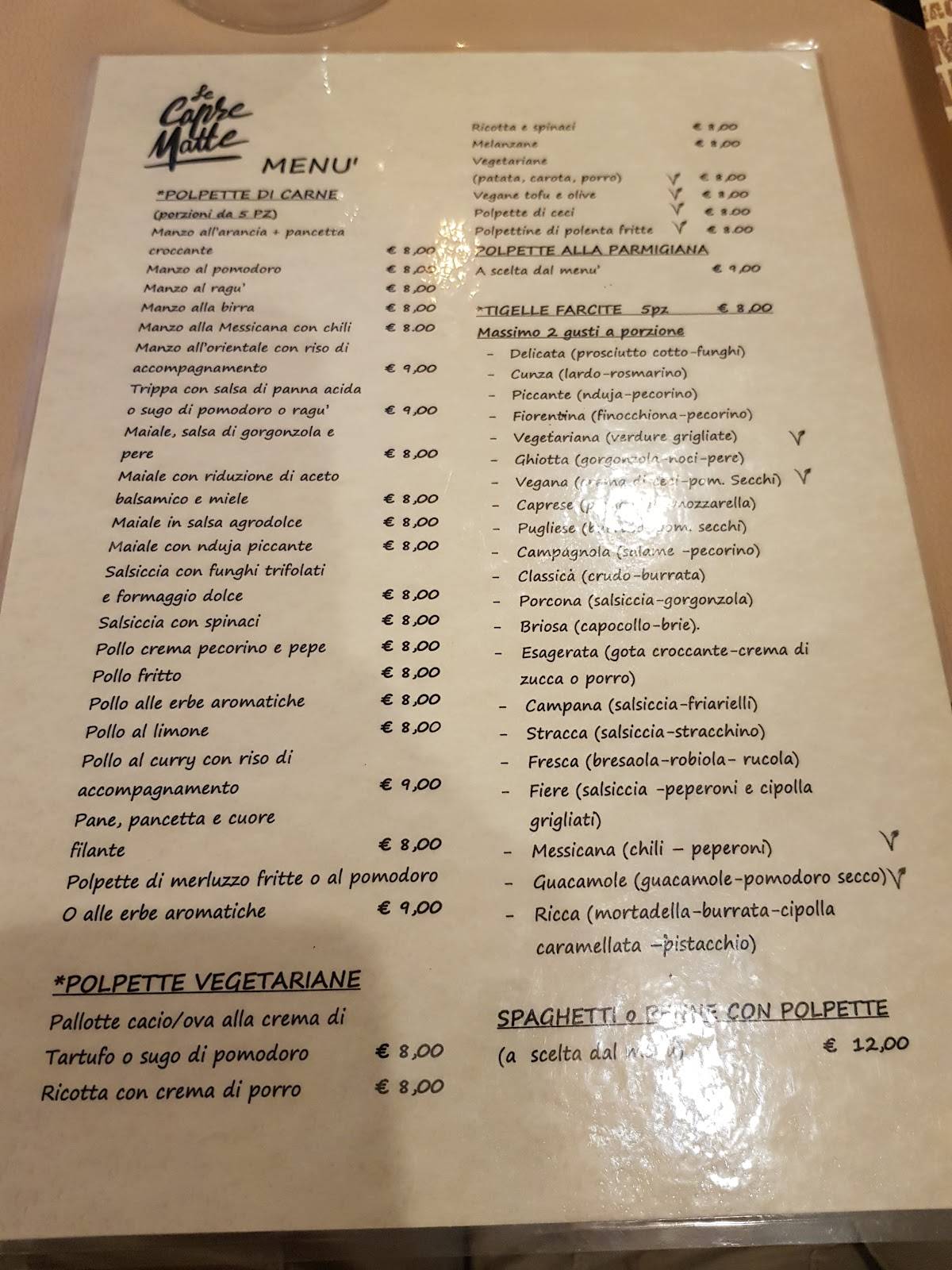 Menu di Le Capre Matte 