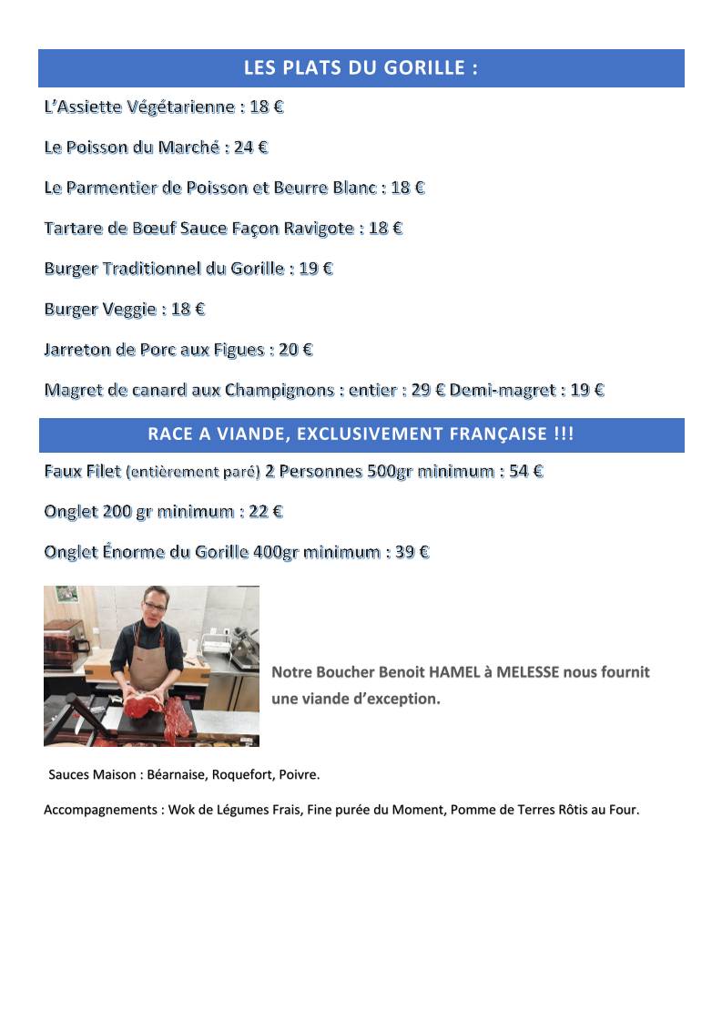 Menu de Le Gorille Bleu