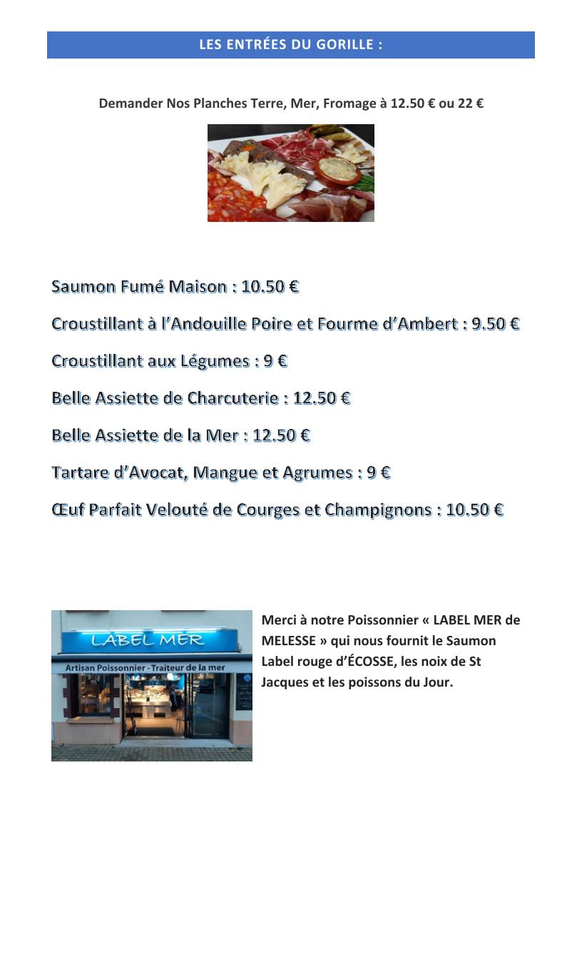 Menu de Le Gorille Bleu