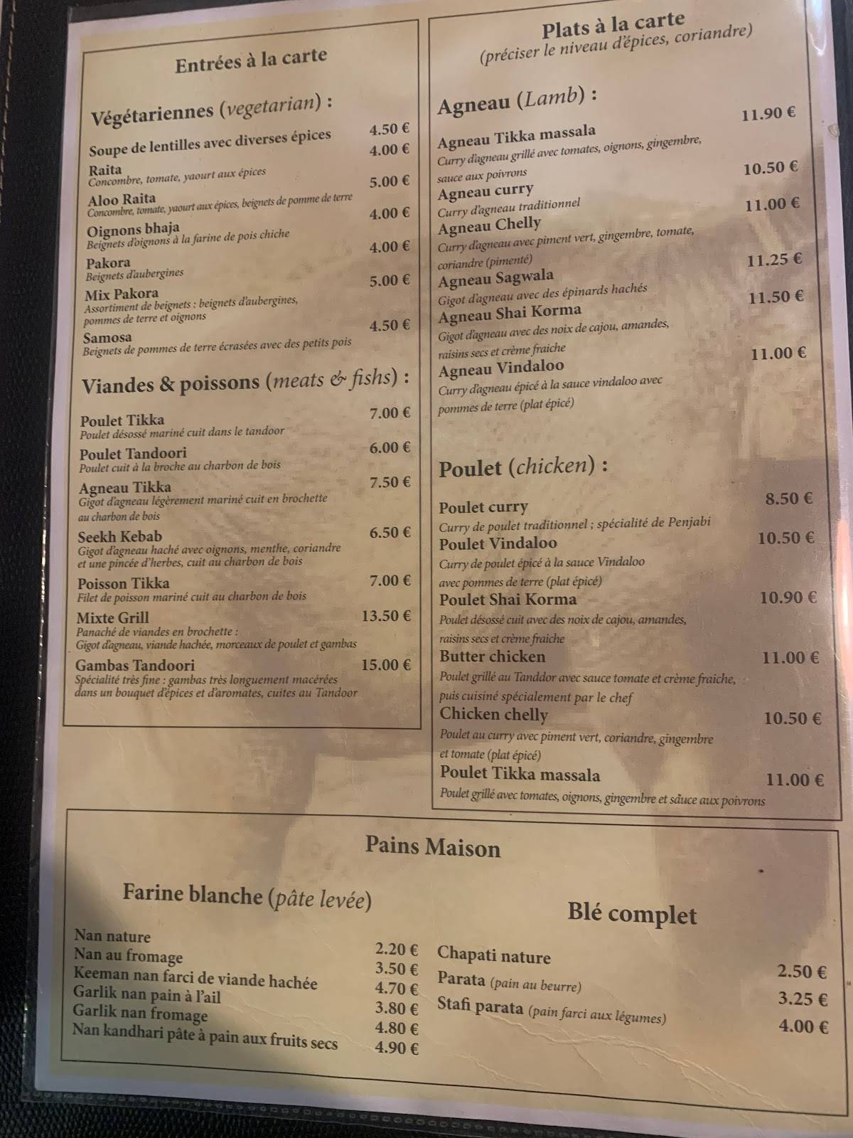 Menu de Le Palais du Rajah