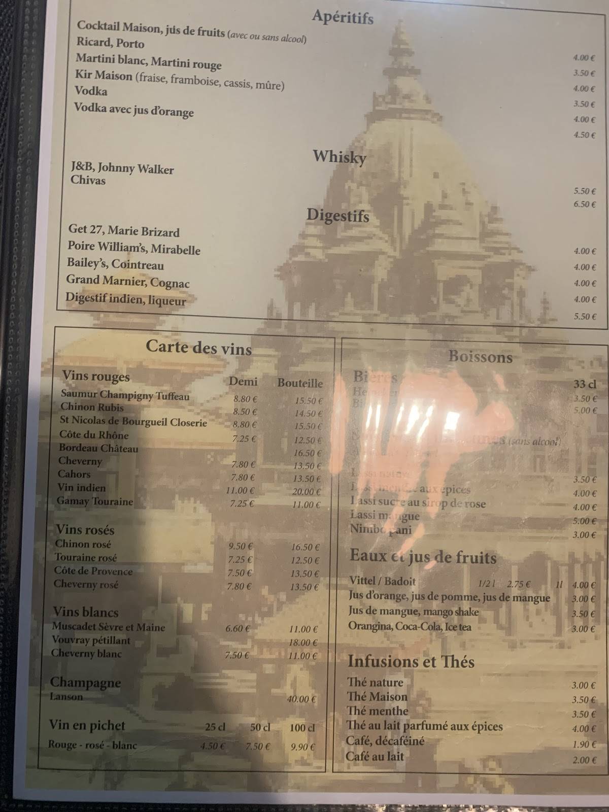 Menu de Le Palais du Rajah
