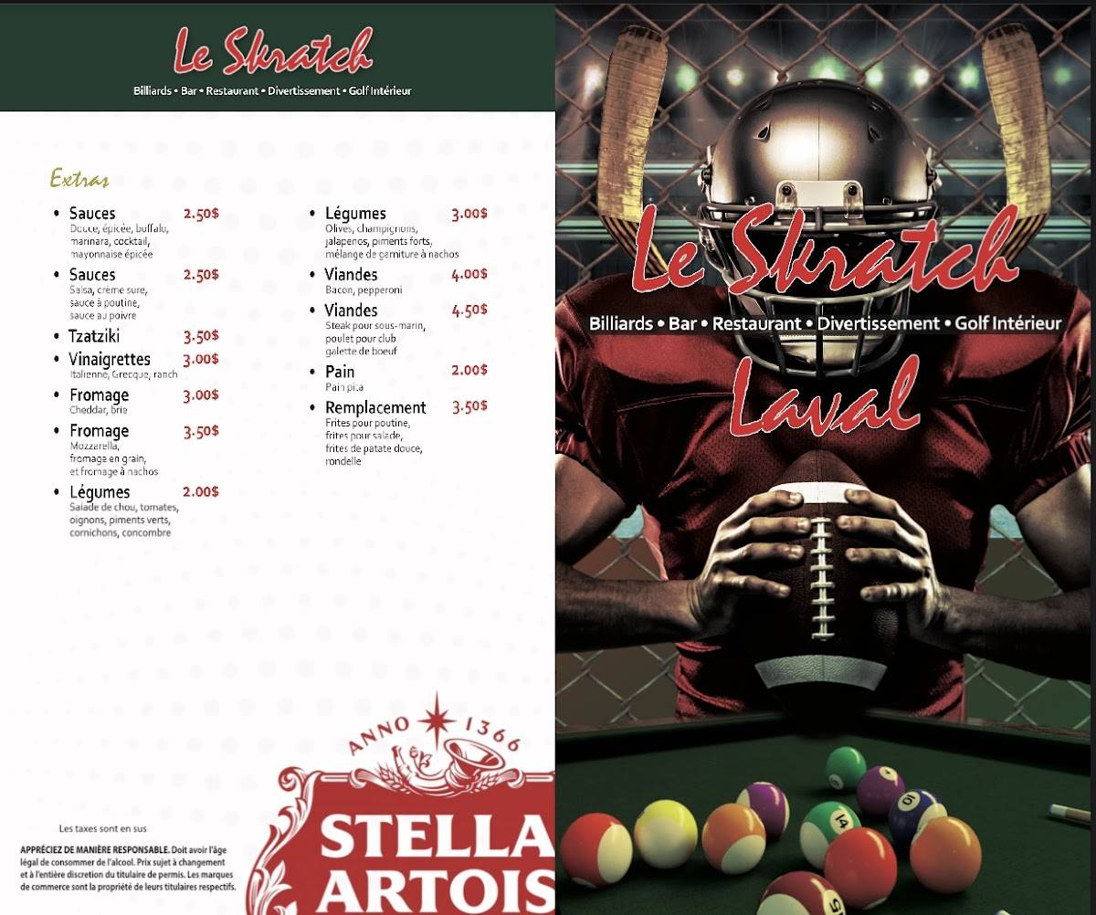 Menu de Le Skratch Laval (Golf, Billard & Bar à jeux)