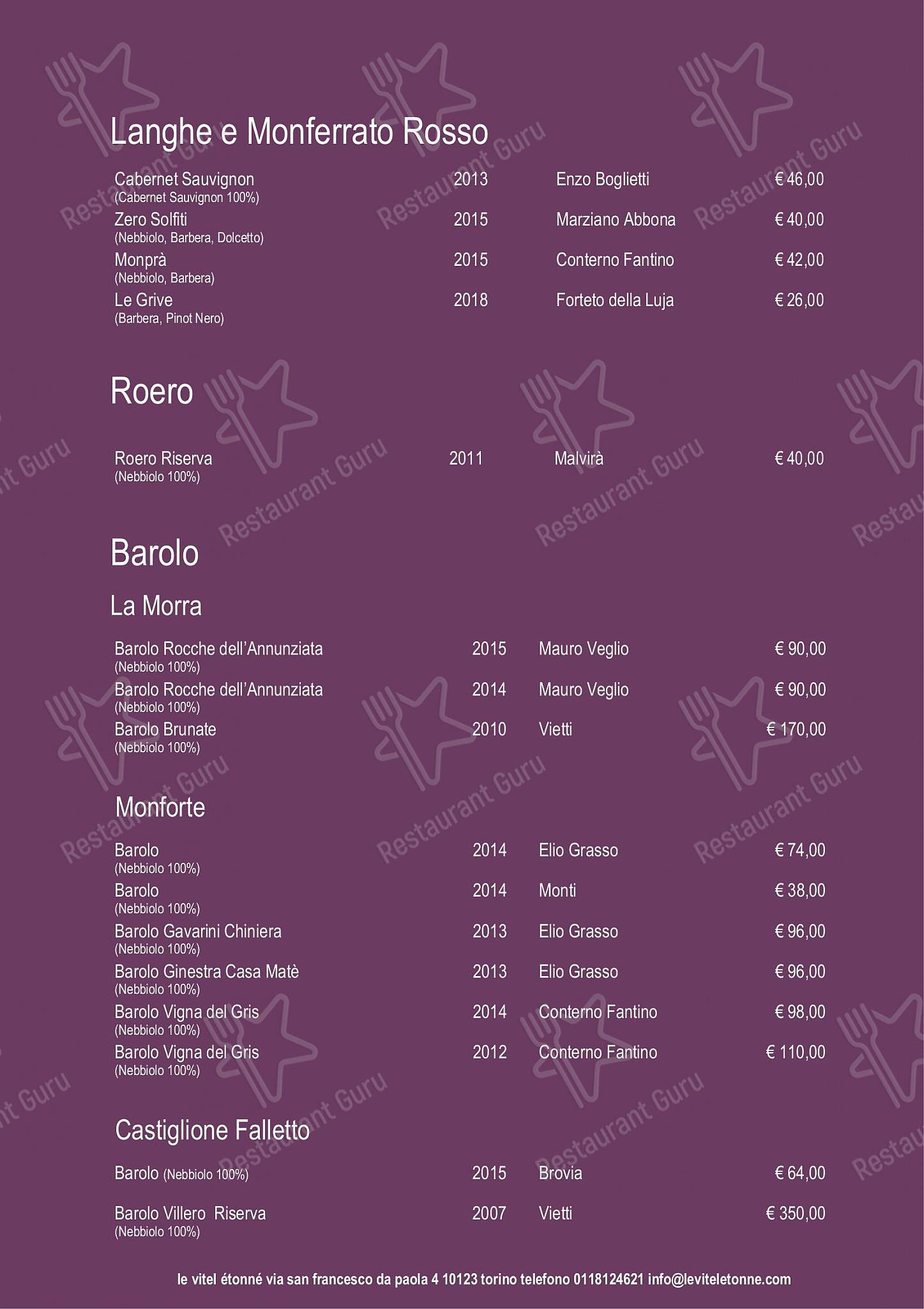 Menu di Le Vitel Etonné - Коктейльная карта