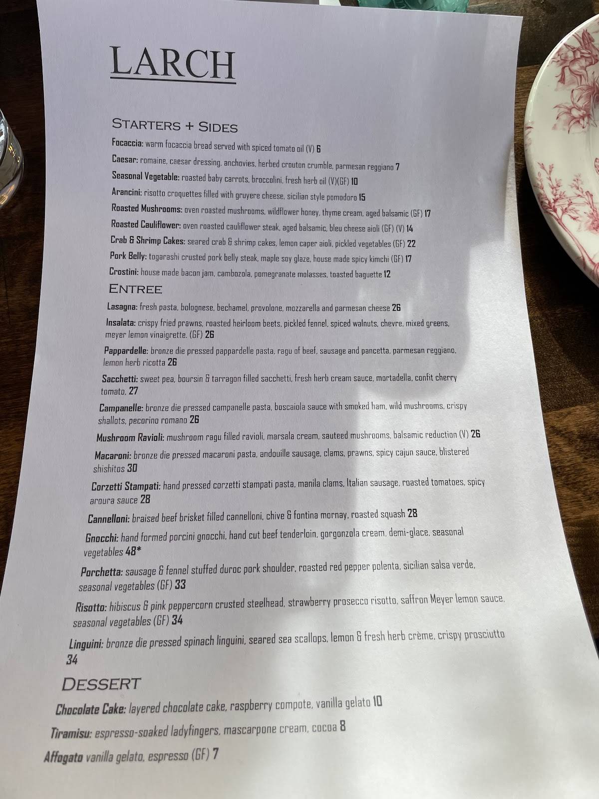 Menu at Larch Handcrafted Pasta & cocktails restaurant, Leavenworth