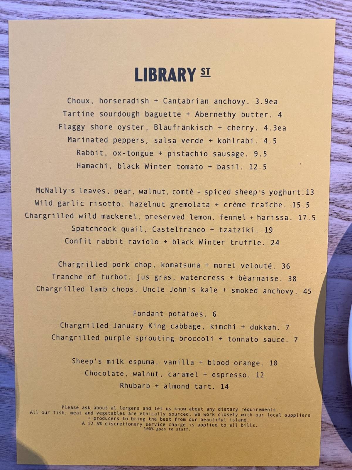 Menu at Library Street Restaurant, Dublin, 101 Setanta Pl