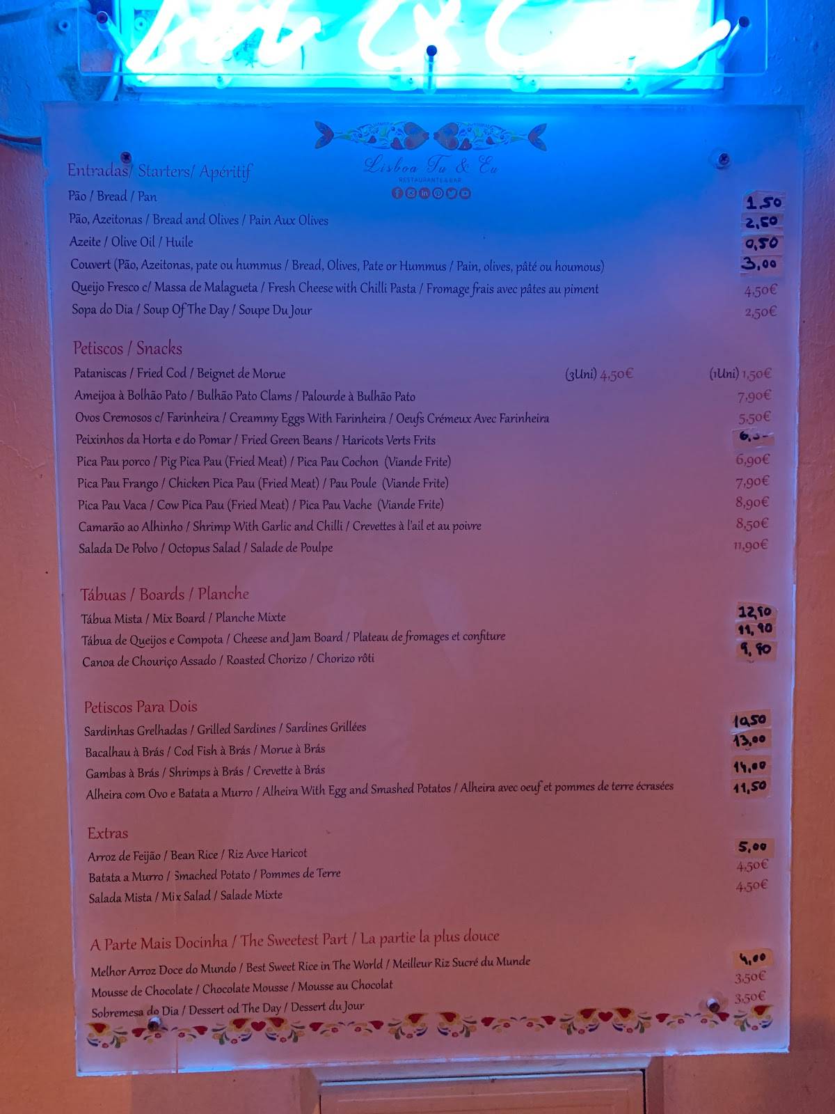 Menu at Lisbon Tu e Eu restaurant, Lisbon