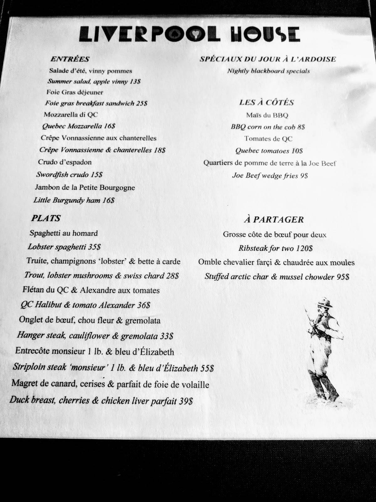 Menu at Liverpool House restaurant, Montréal