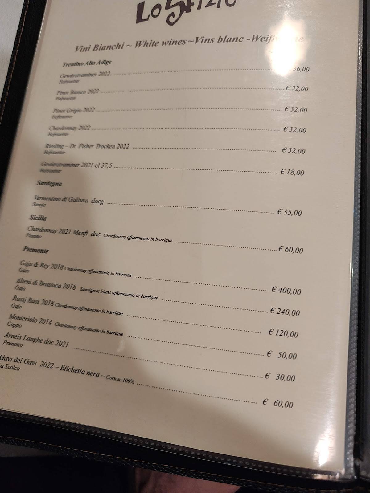 Menu di Lo Sfizio 