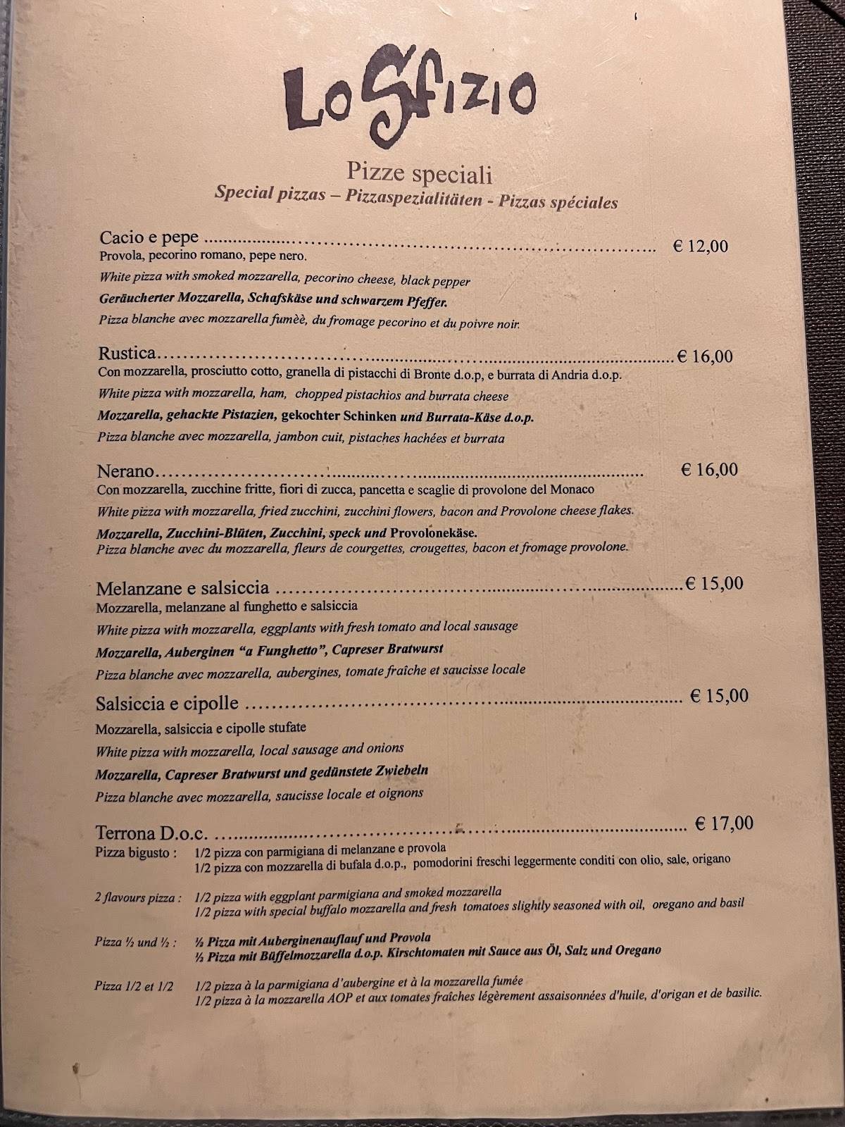 Menu di Lo Sfizio 