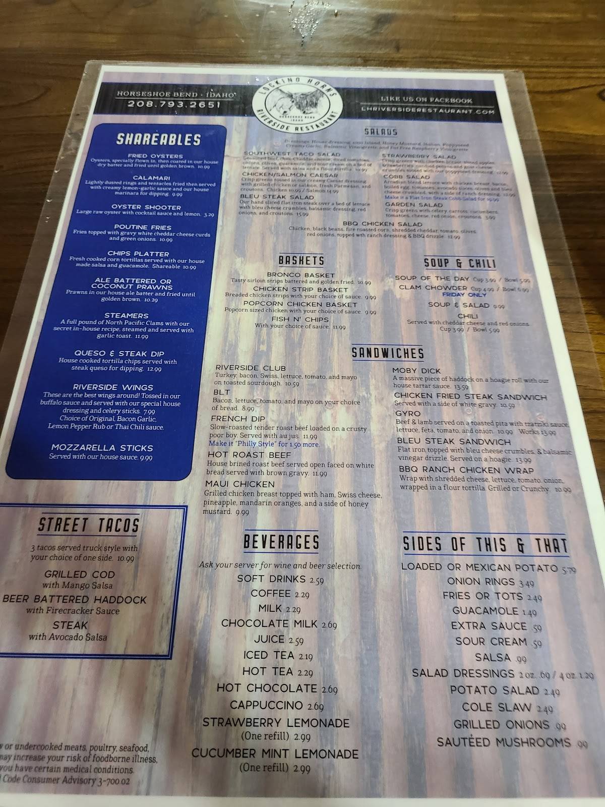 Menu at Locking Horns Riverside Restaurant, Horseshoe Bend