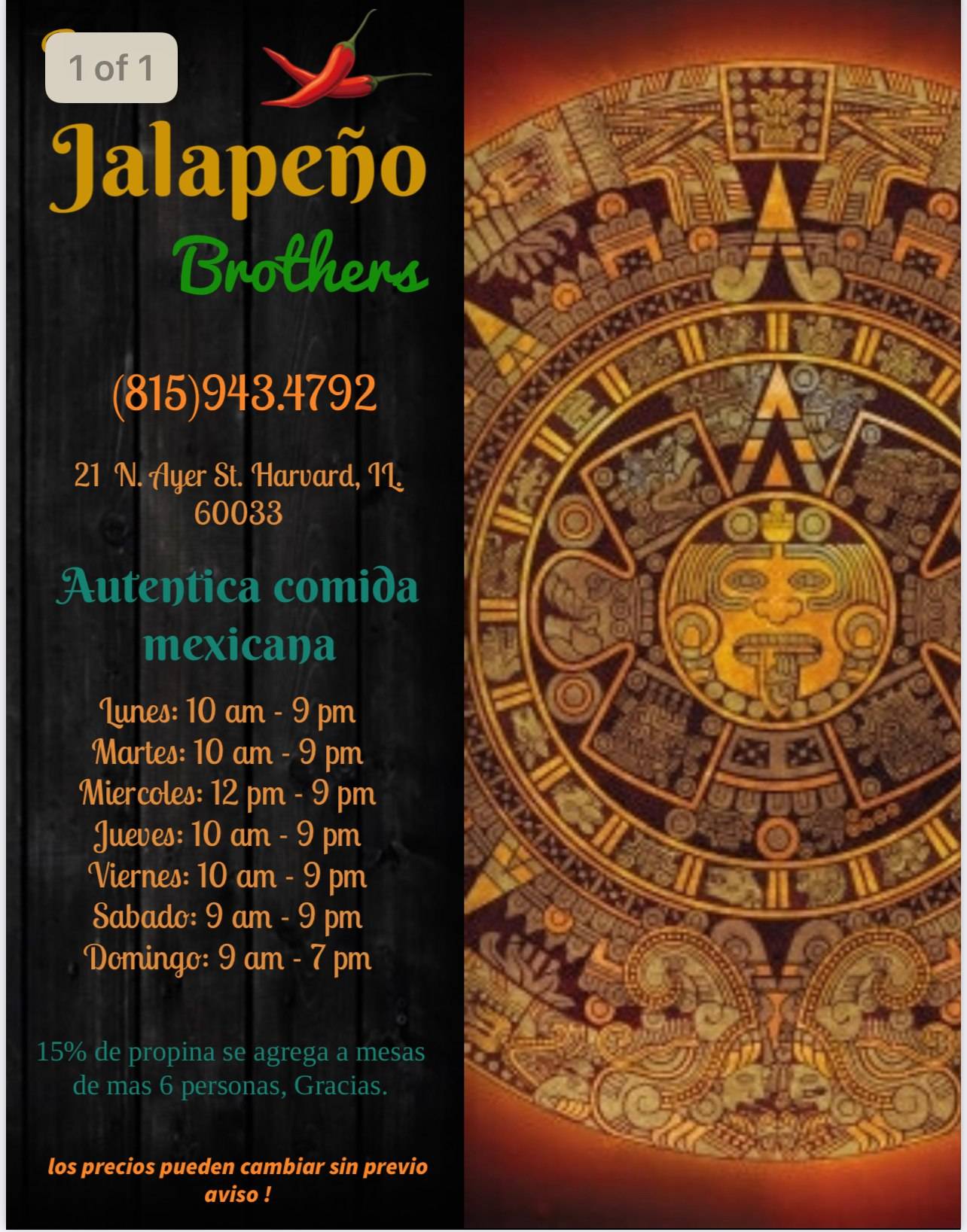 Menu at Los Jalapeño Brothers Mexican Grill & Catering restaurant, Harvard