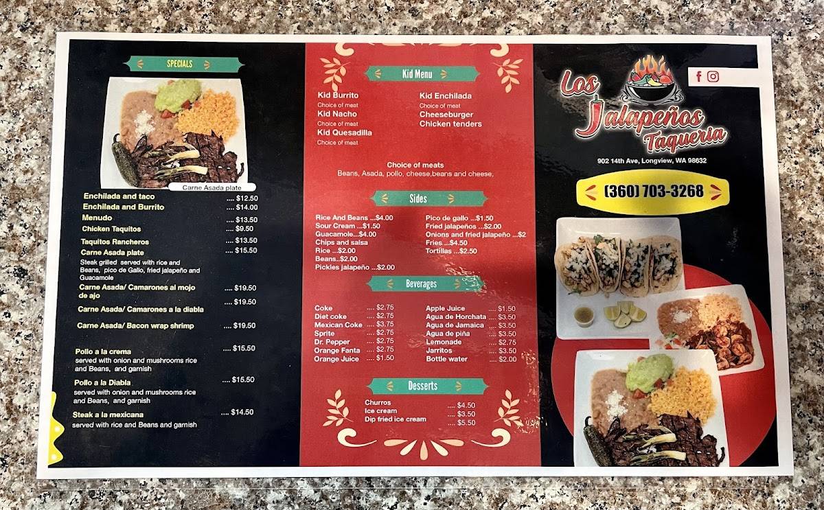 Menu at Los Jalapeños Taqueria restaurant, Longview