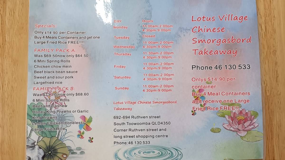 Menu at Lotus Village Chinese Takeaway fast food, South Toowoomba