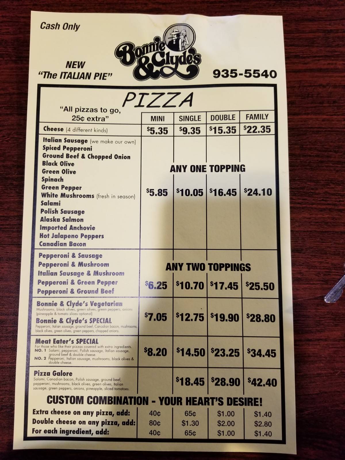 Menu at Bonnie & Clyde's Pizza Parlor pizzeria, Louisville