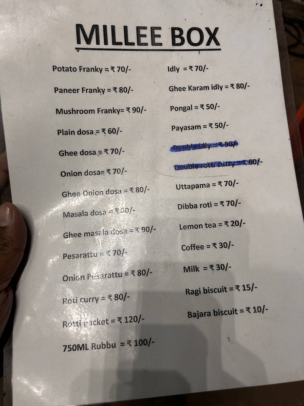 MILLEE BOX KITCHEN menu