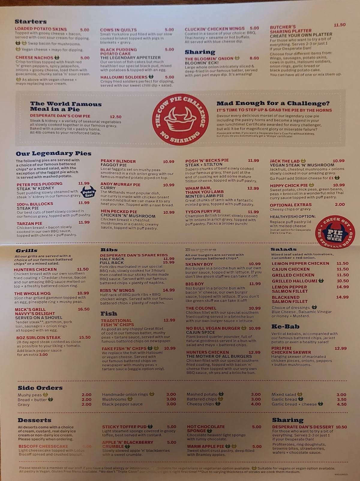 Menu at Mad O'Rourke's Pie Factory pub & bar, Tipton