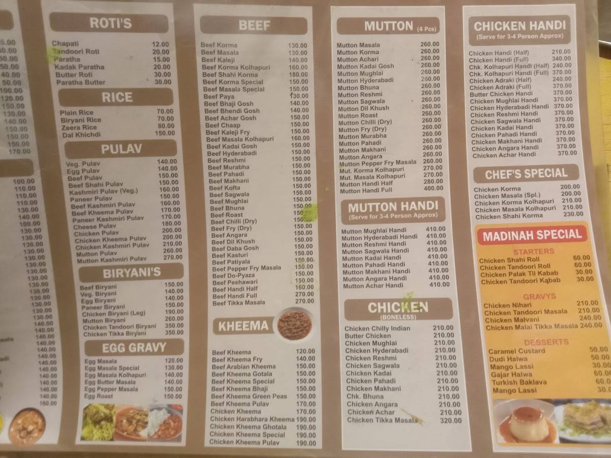 Madinah Restaurant menu