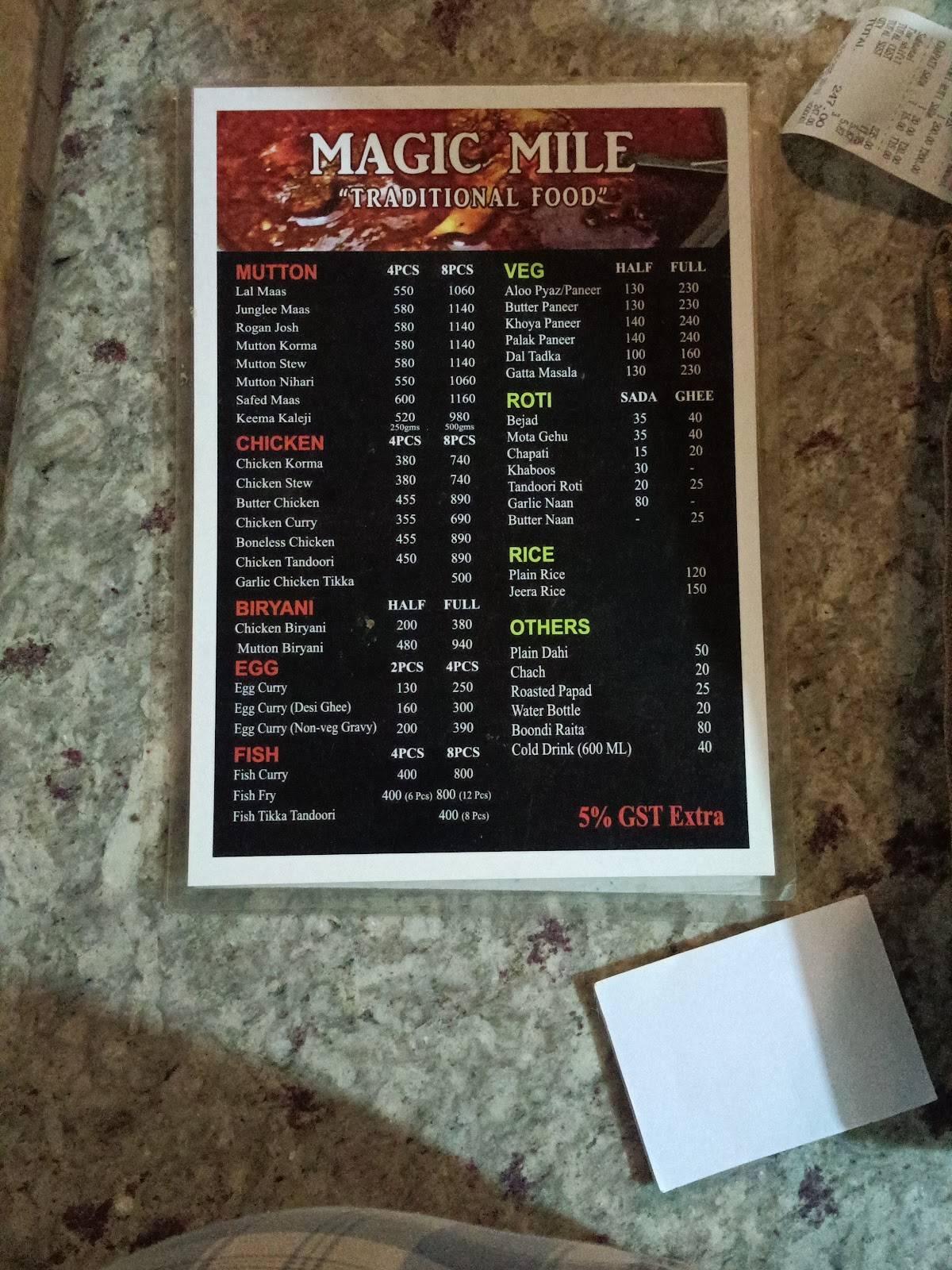 Magic Mile "Traditional Food" menu