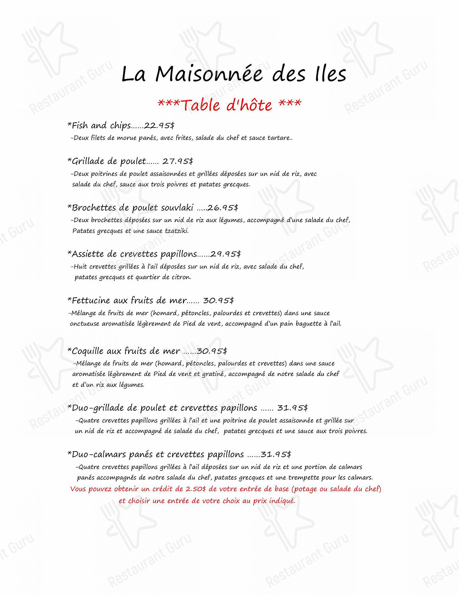 Menu au Restaurant La Maisonnée des Îles, Canada