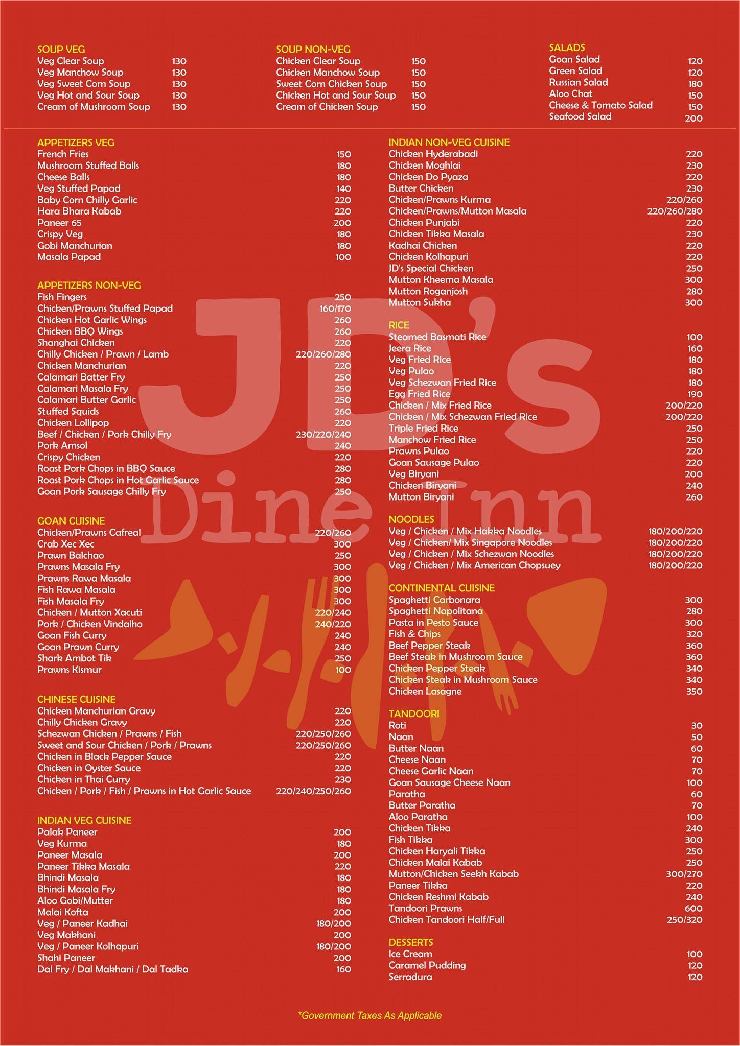 JD's Dine Inn menu