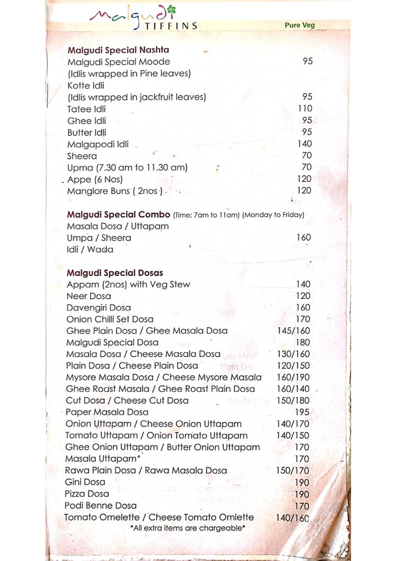 Malgudi Tiffins menu