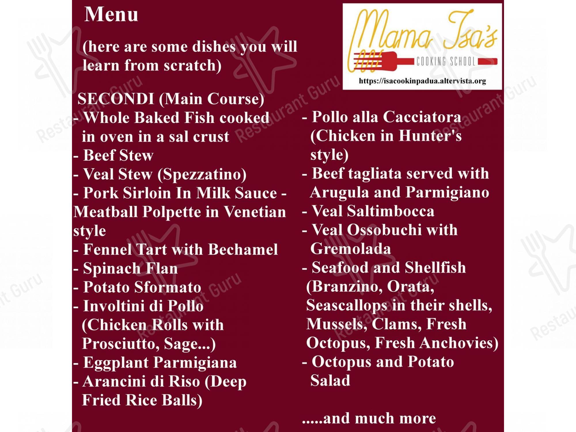 Menu di Mama Isa's Cooking School - Menu