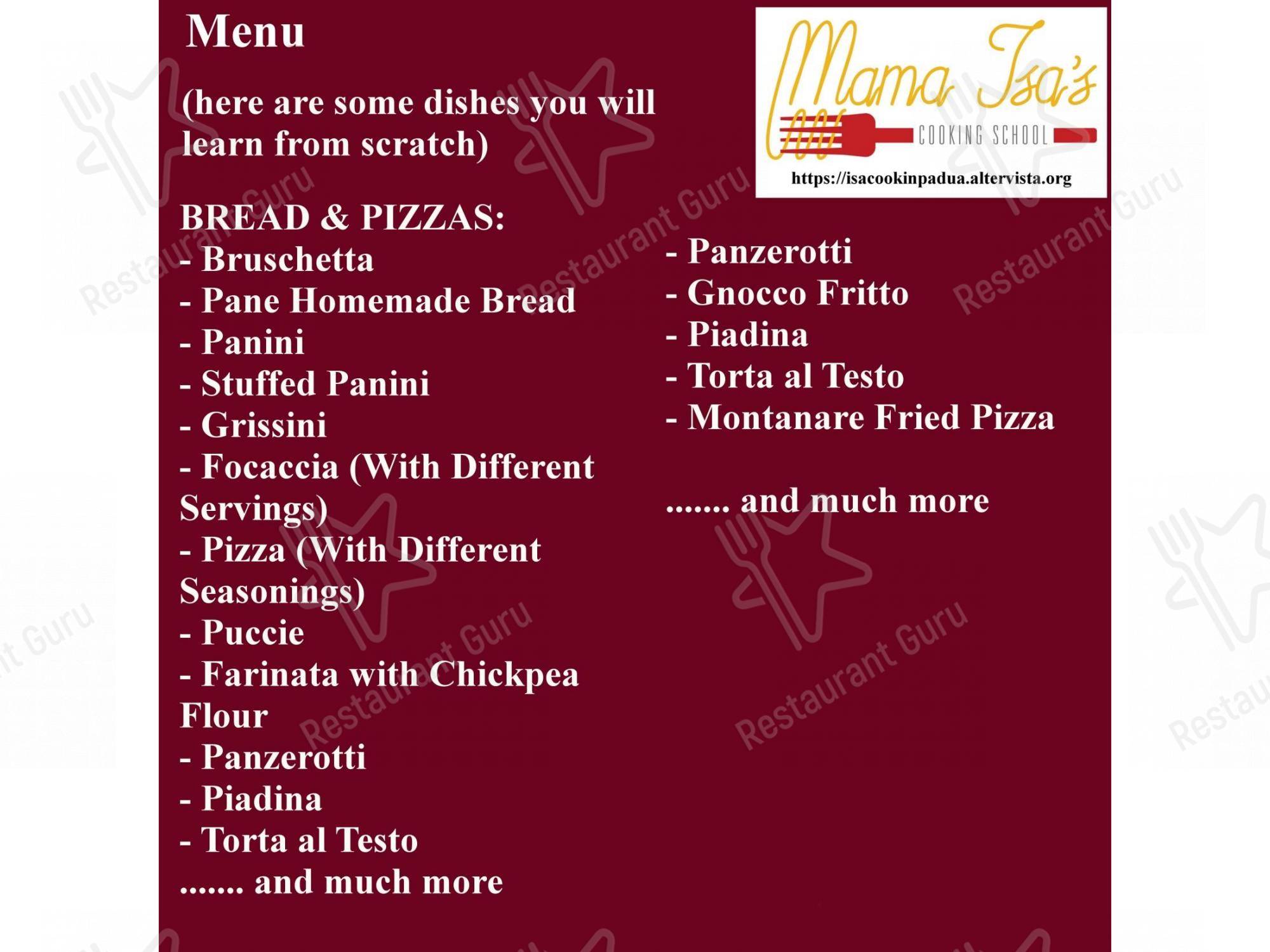 Menu di Mama Isa's Cooking School - Menu