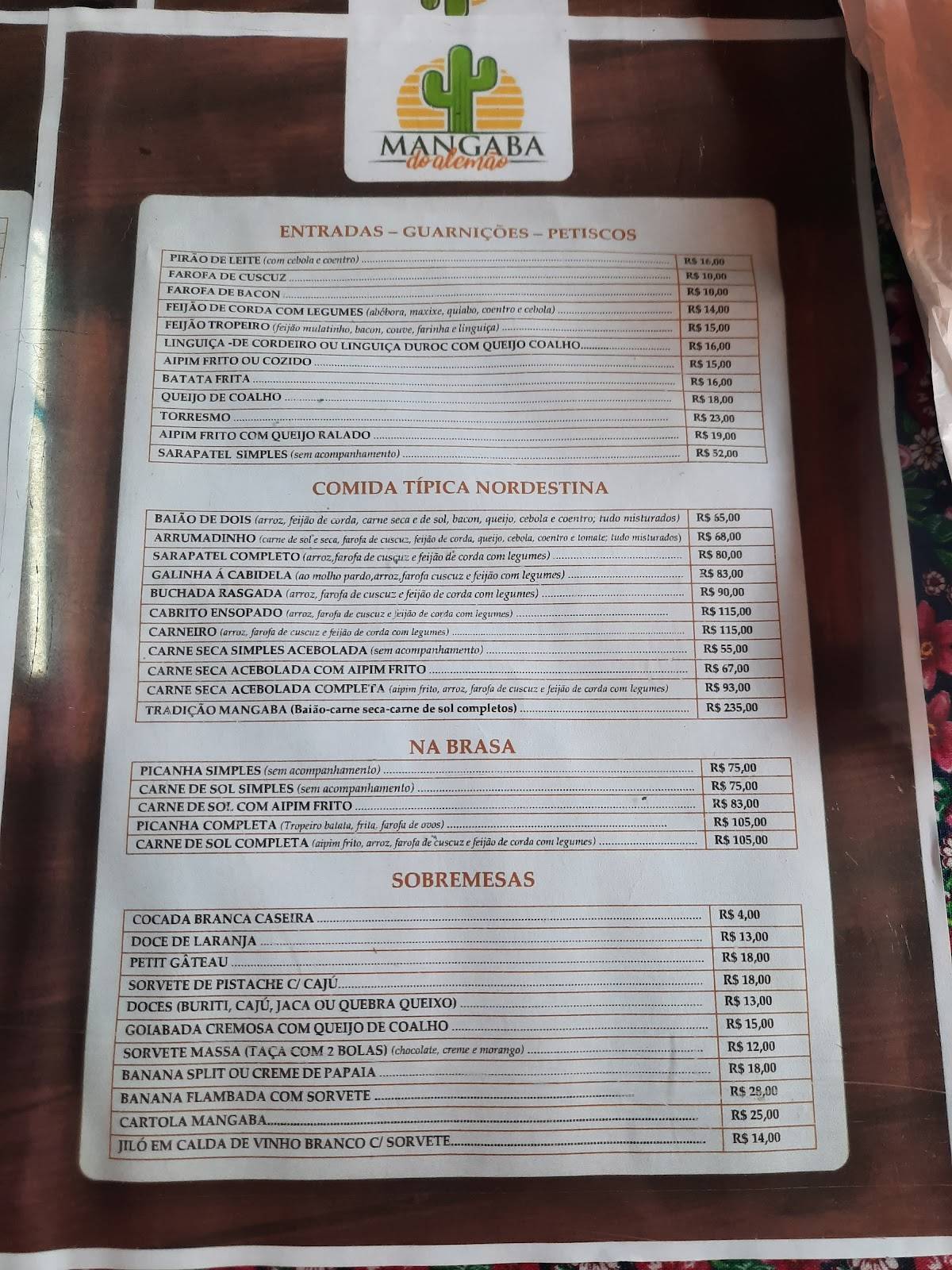 Mangaba do Alemão cardápio