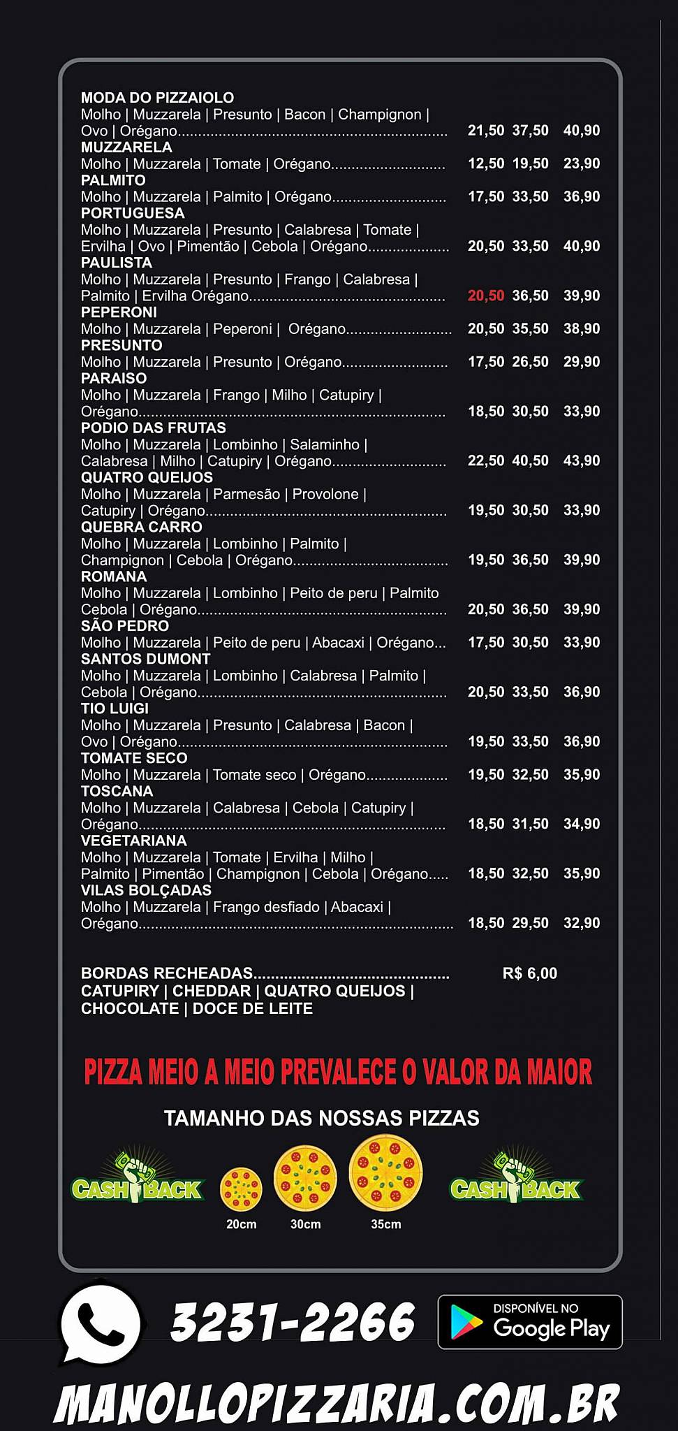 Manollo Pizzaria cardápio