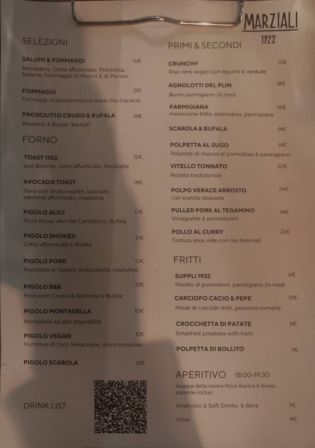 Menu di Marziali 1922 - Piazza Caprera 