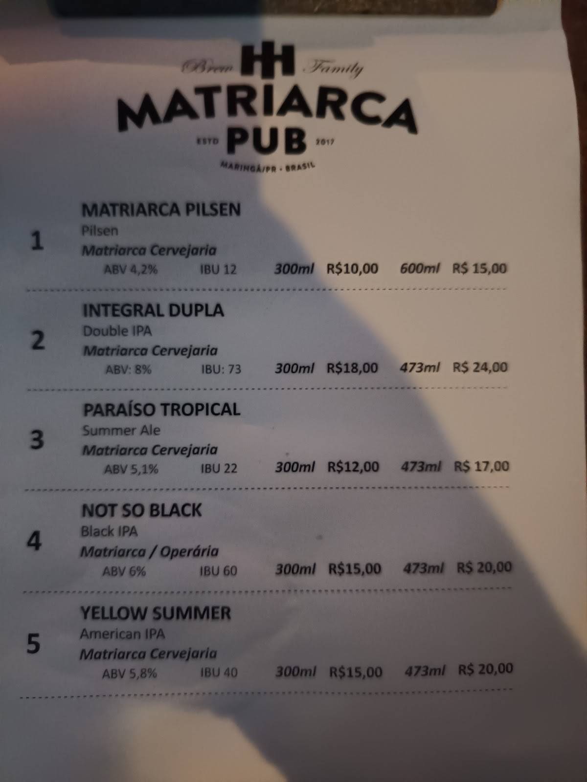 Matriarca Pub cardápio