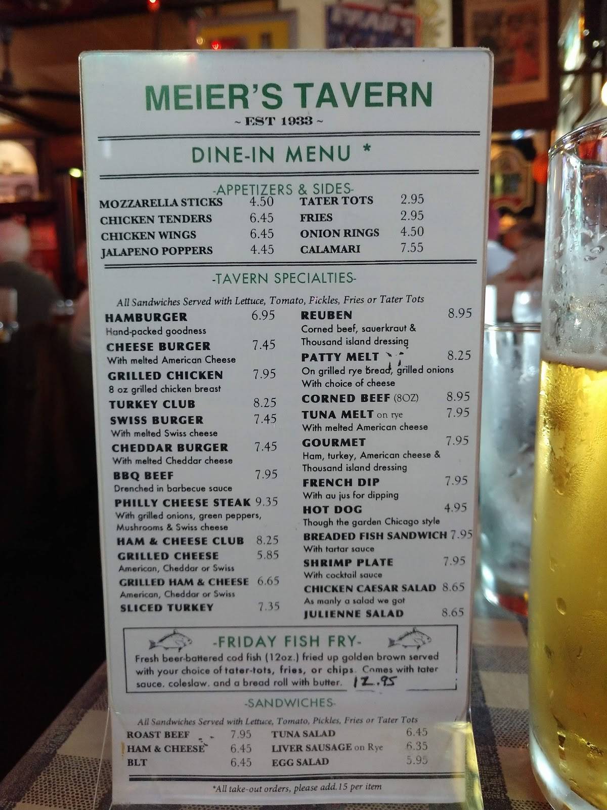 Menu at Meier's Tavern pub & bar, Glenview