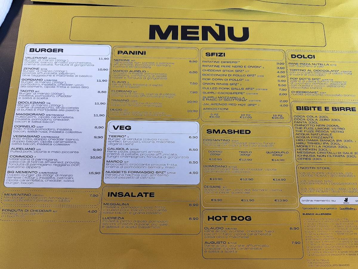 Menu de Memento Burger
