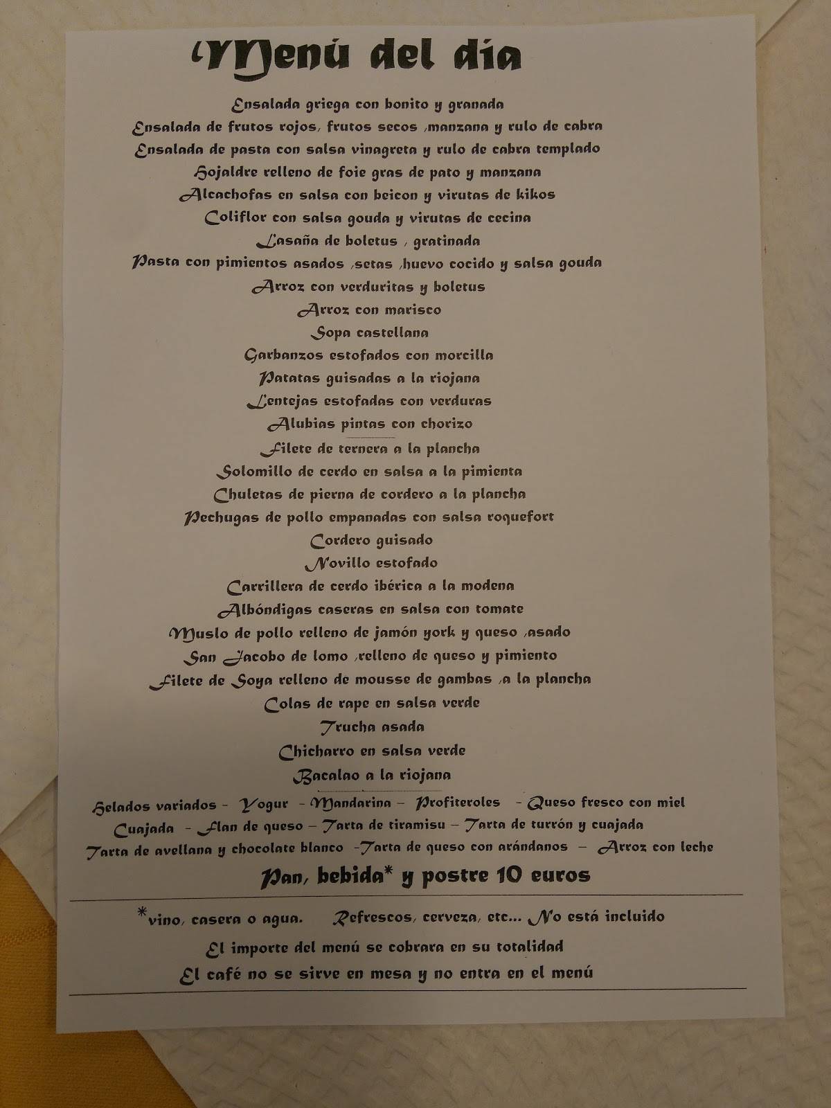 Menu at Mesón La Piedra restaurant, Burgos