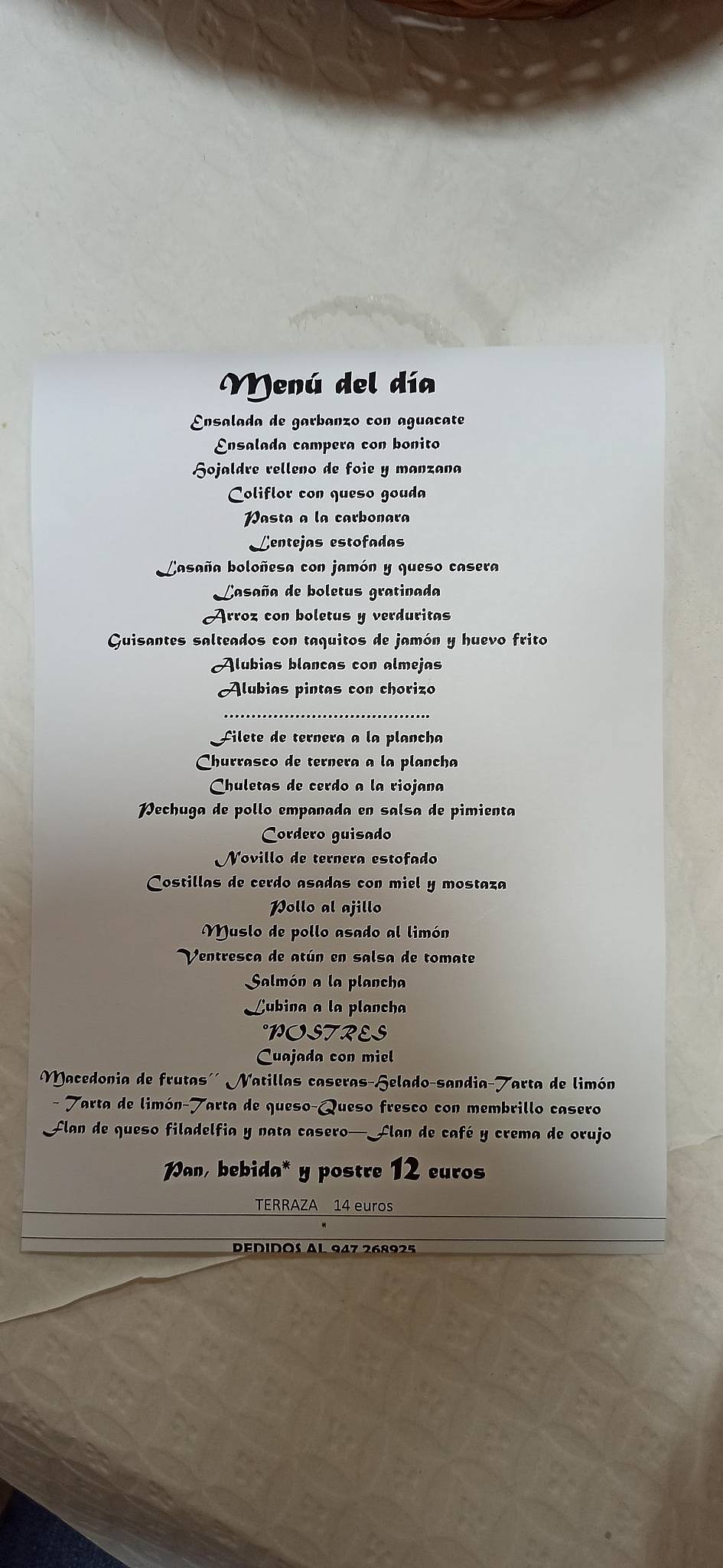 Menu at Mesón La Piedra restaurant, Burgos